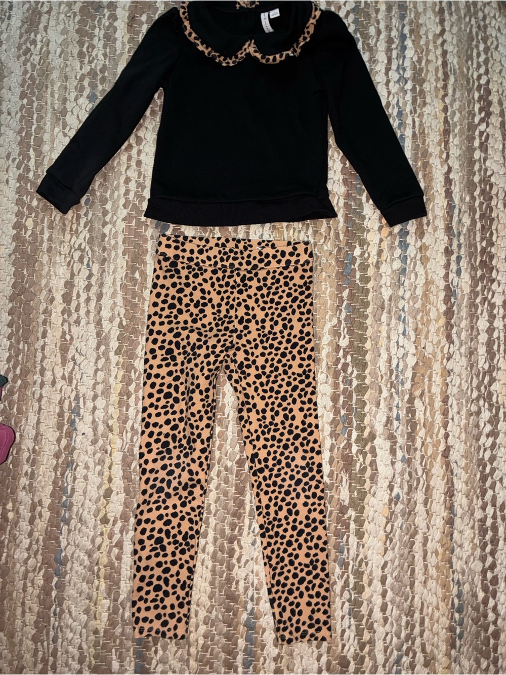 Janie and Jack Black Top with Tan Leopard Leggings Pajama Set